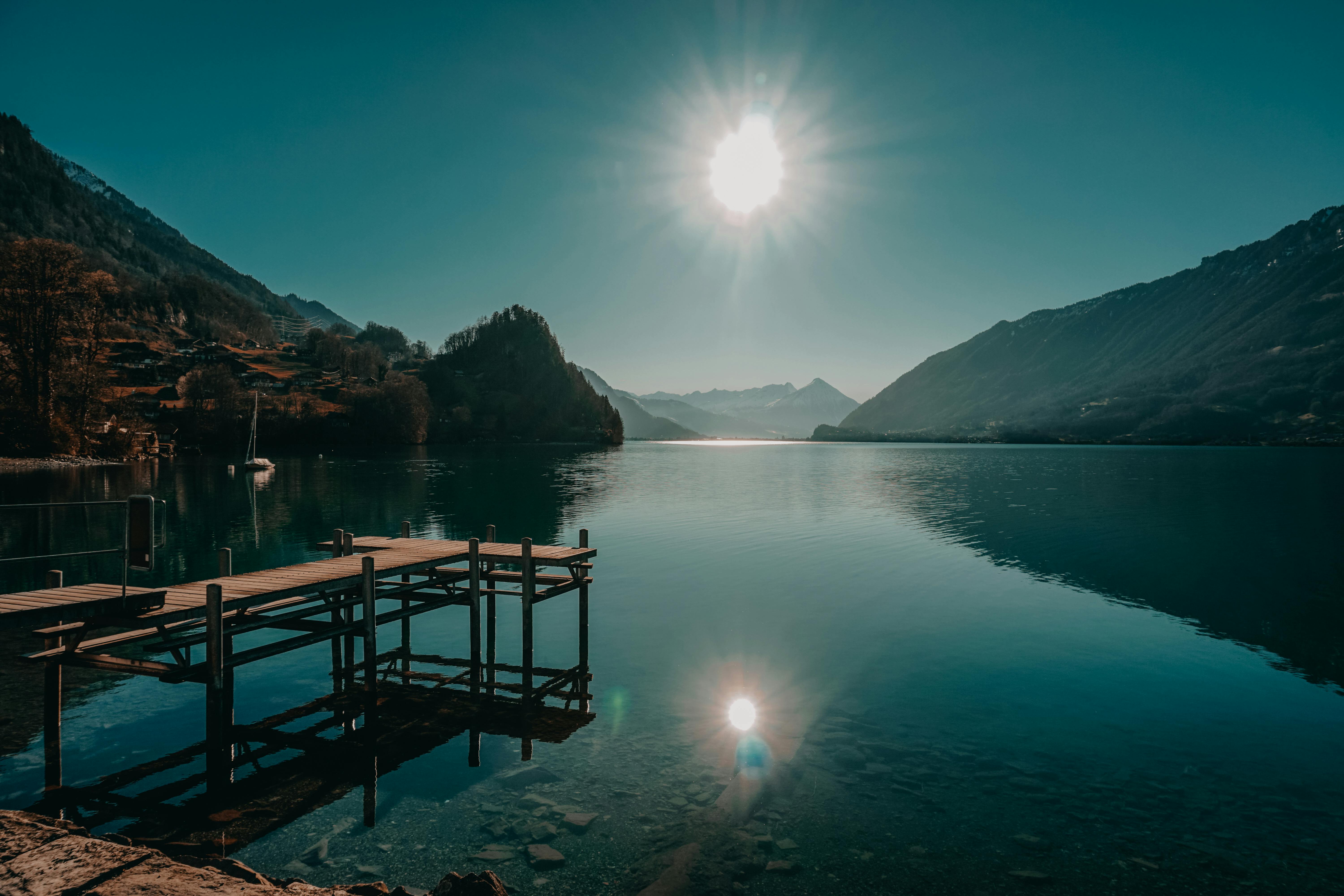 Bright sunlight reflecting off a lake surface